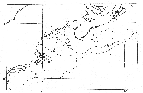 Map of localities where silver hake eggs and larvae have been found
